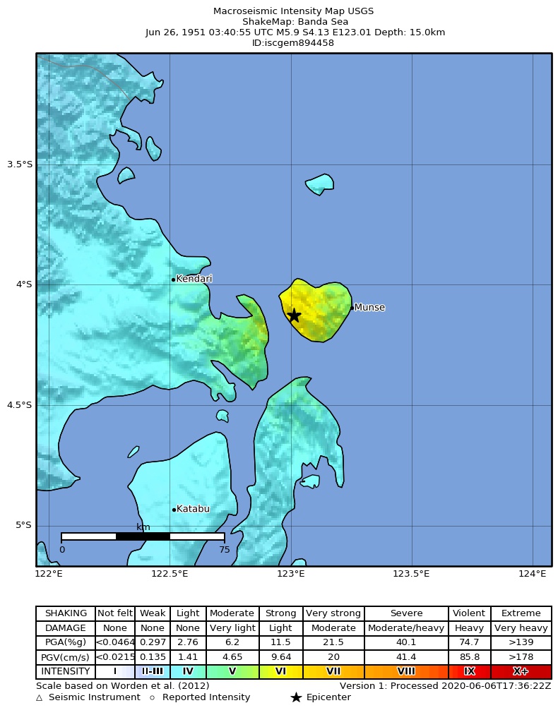 USGS ShakeMap: estimated shaking intensity around the epicenter