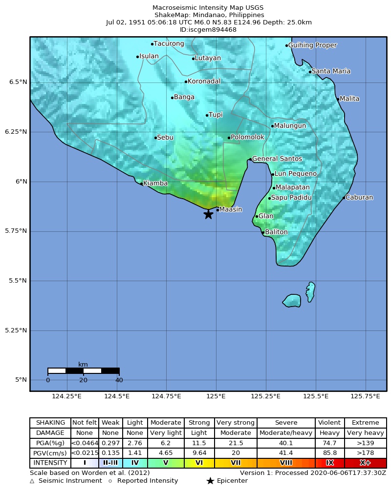 USGS ShakeMap: estimated shaking intensity around the epicenter