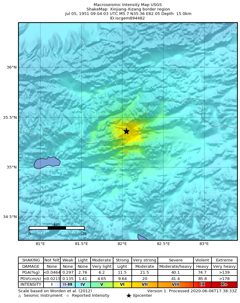 USGS ShakeMap: estimated shaking intensity around the epicenter