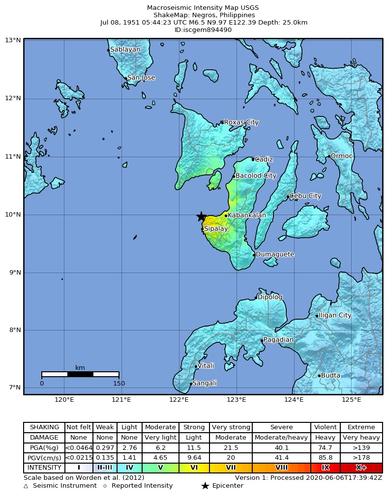 USGS ShakeMap: estimated shaking intensity around the epicenter