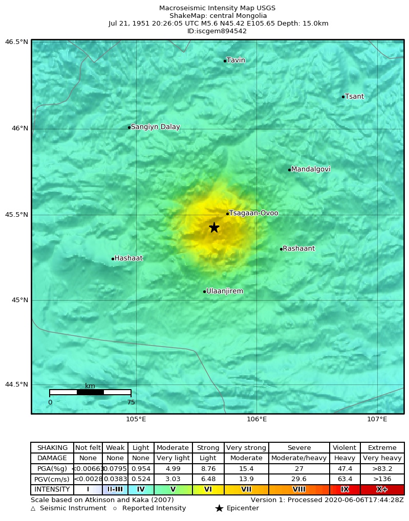 USGS ShakeMap: estimated shaking intensity around the epicenter