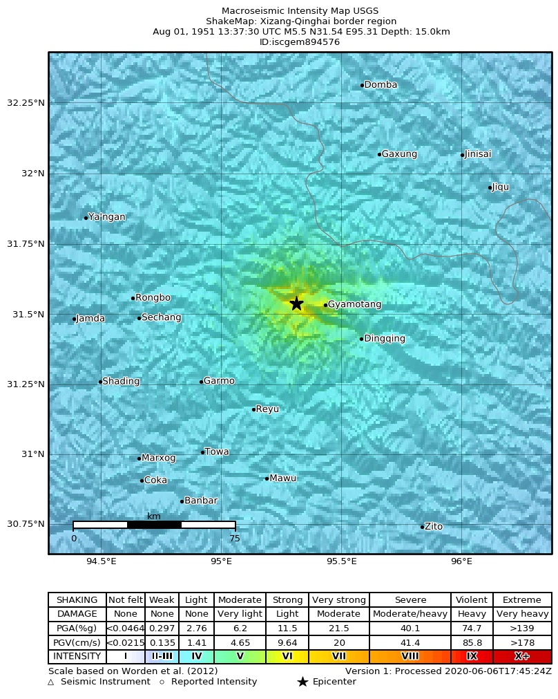 USGS ShakeMap: estimated shaking intensity around the epicenter