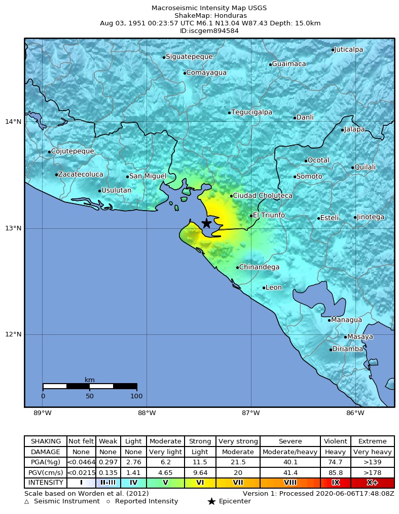 USGS ShakeMap: estimated shaking intensity around the epicenter