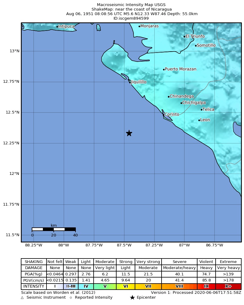 USGS ShakeMap: estimated shaking intensity around the epicenter