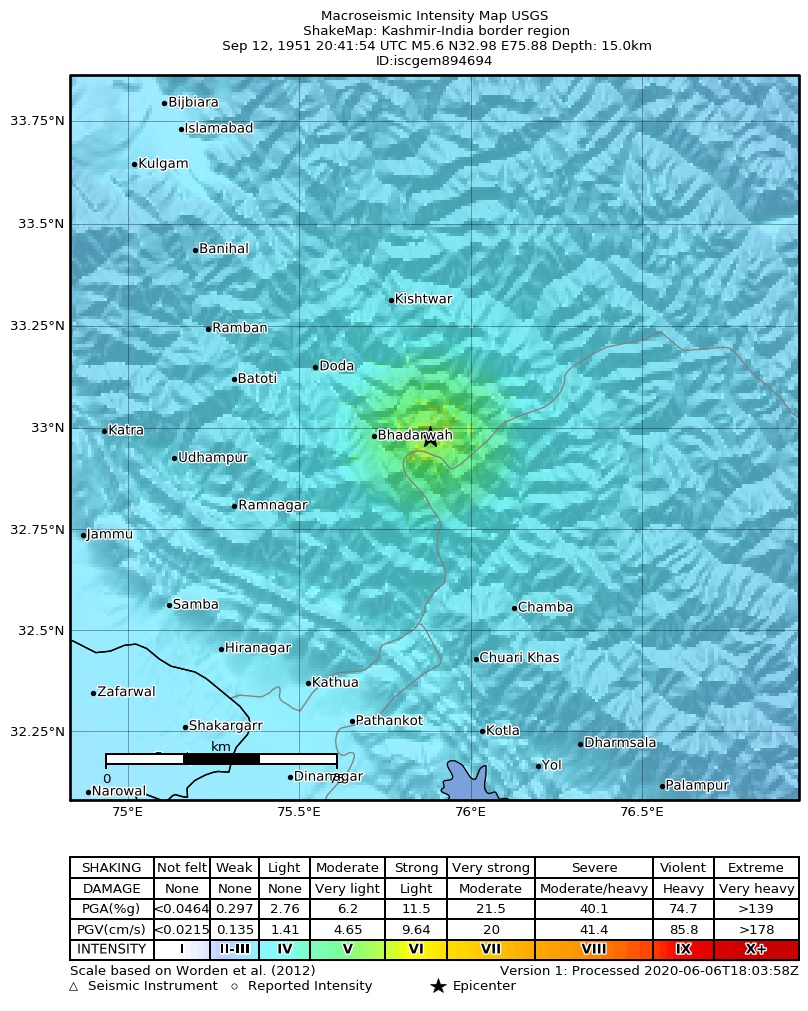 USGS ShakeMap: estimated shaking intensity around the epicenter