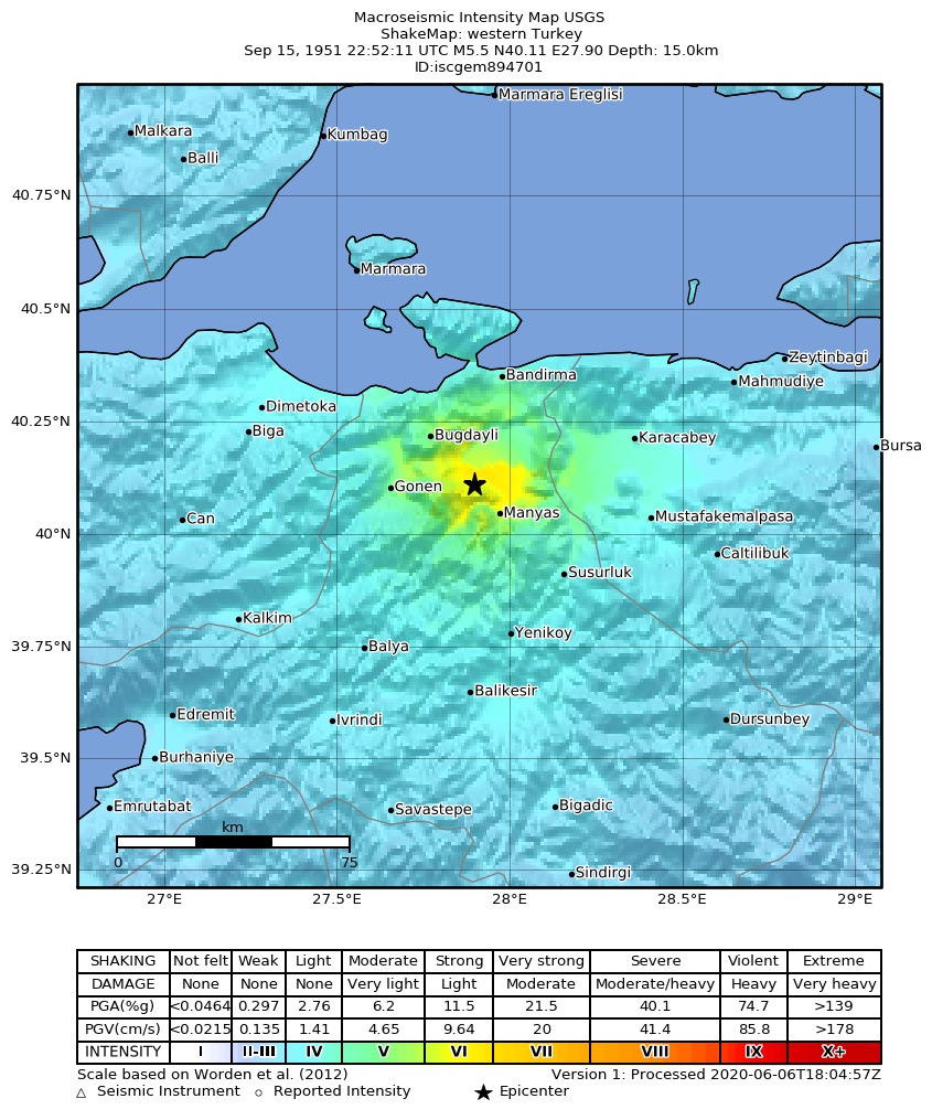 USGS ShakeMap: estimated shaking intensity around the epicenter