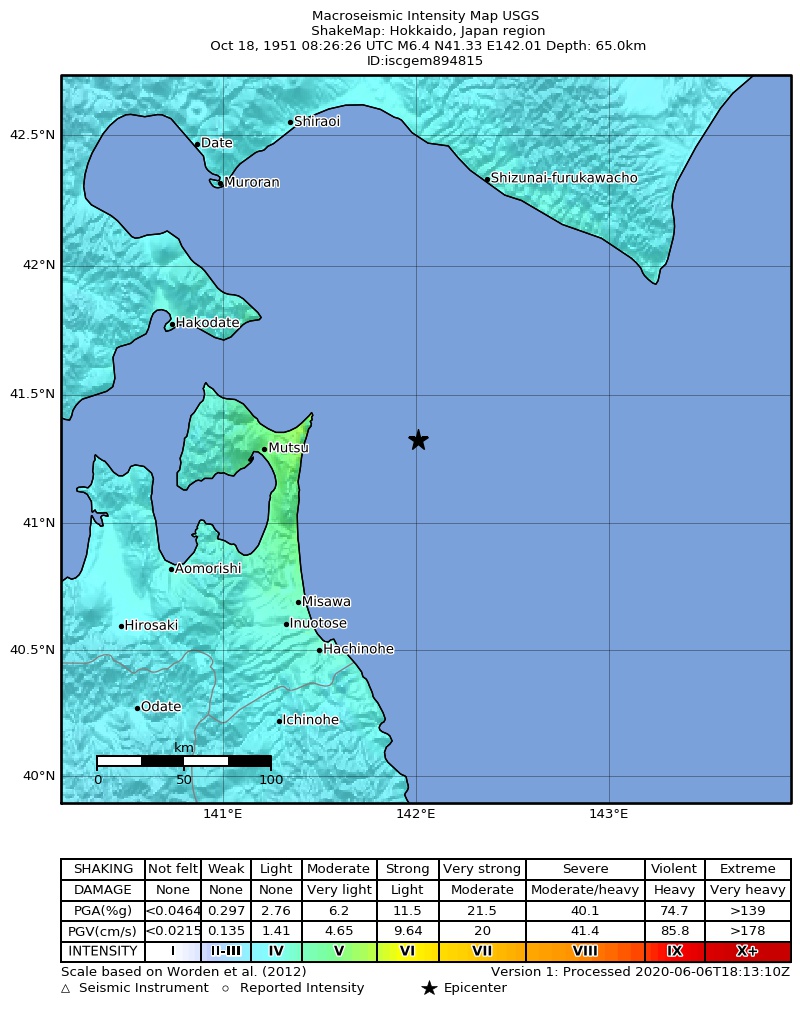 USGS ShakeMap: estimated shaking intensity around the epicenter