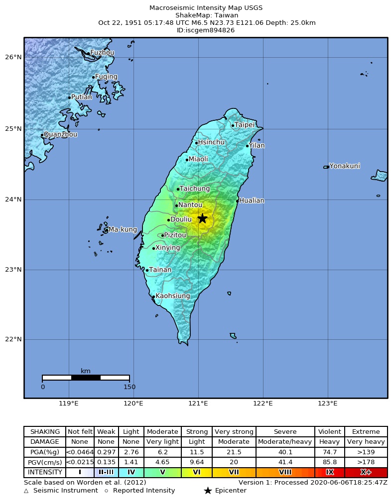 USGS ShakeMap: estimated shaking intensity around the epicenter