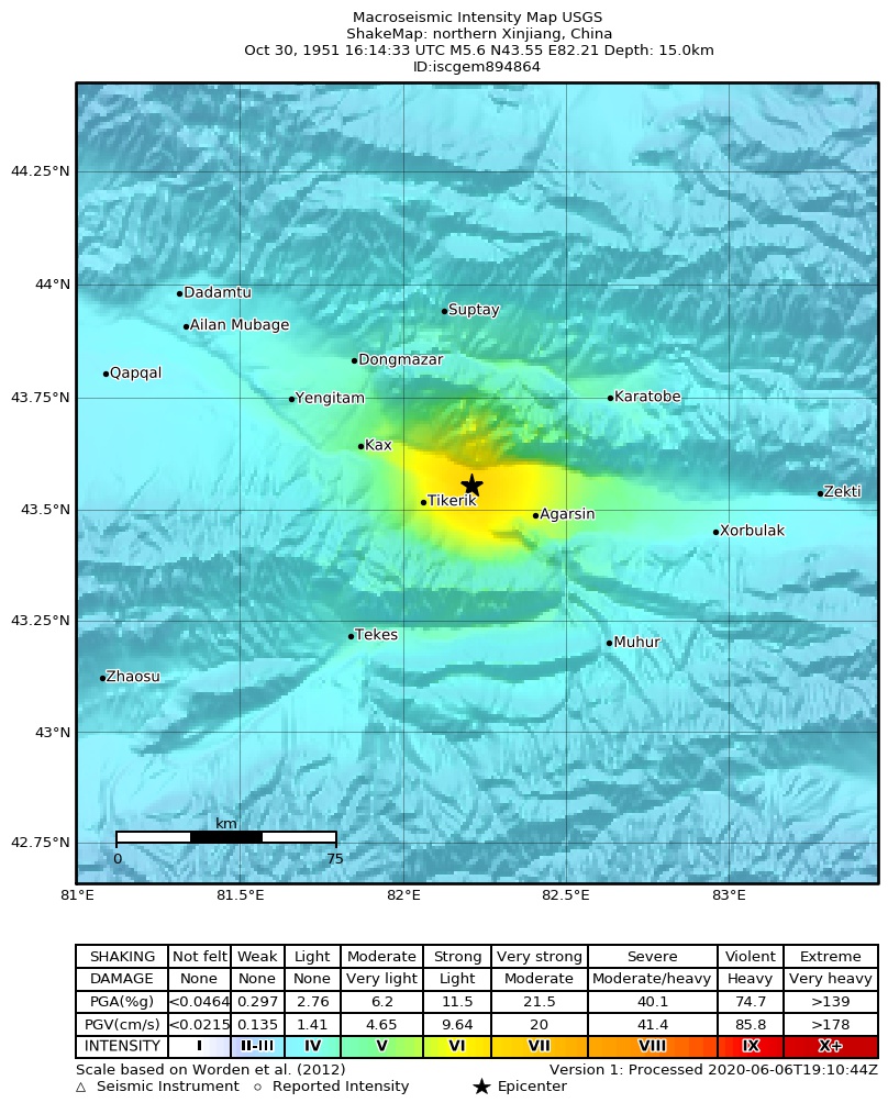 USGS ShakeMap: estimated shaking intensity around the epicenter