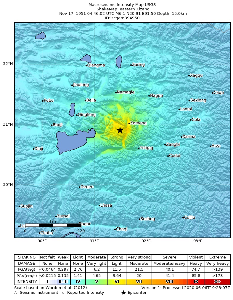 USGS ShakeMap: estimated shaking intensity around the epicenter