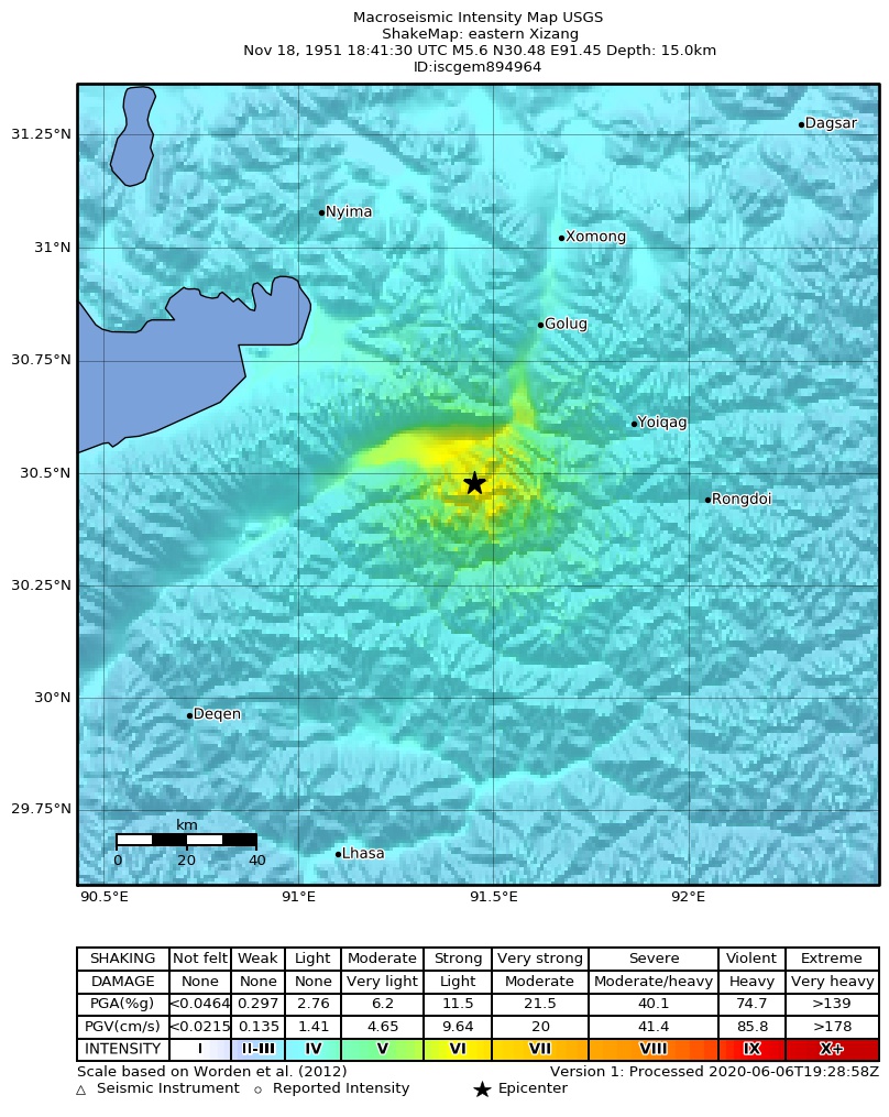 USGS ShakeMap: estimated shaking intensity around the epicenter