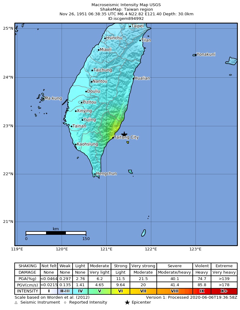 USGS ShakeMap: estimated shaking intensity around the epicenter