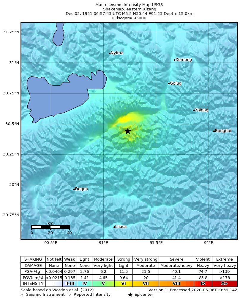 USGS ShakeMap: estimated shaking intensity around the epicenter