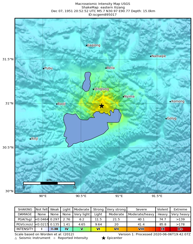 USGS ShakeMap: estimated shaking intensity around the epicenter