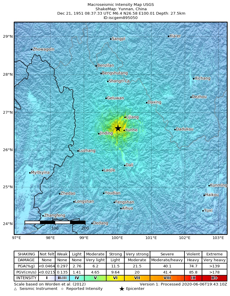 USGS ShakeMap: estimated shaking intensity around the epicenter