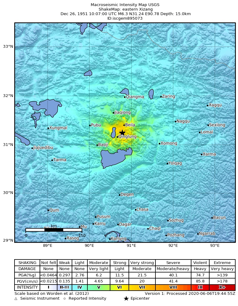 USGS ShakeMap: estimated shaking intensity around the epicenter