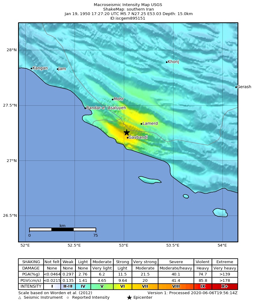 USGS ShakeMap: estimated shaking intensity around the epicenter