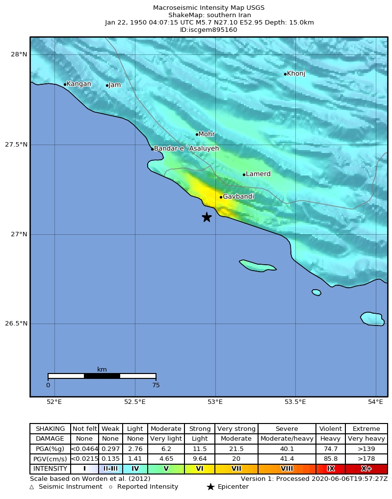 USGS ShakeMap: estimated shaking intensity around the epicenter