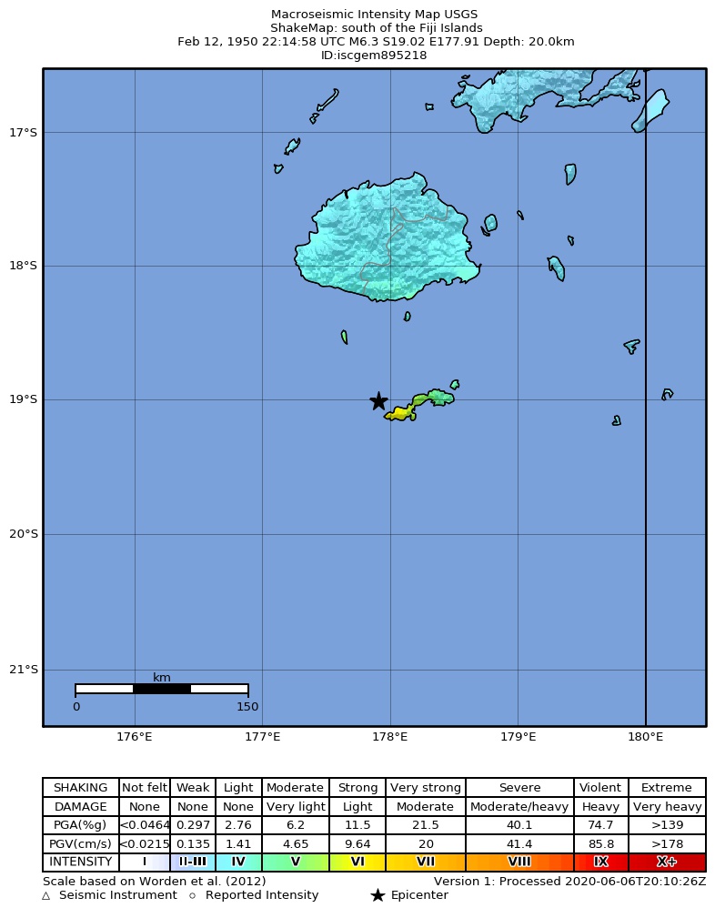 USGS ShakeMap: estimated shaking intensity around the epicenter