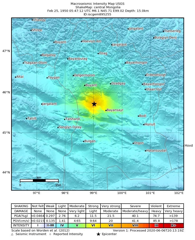 USGS ShakeMap: estimated shaking intensity around the epicenter