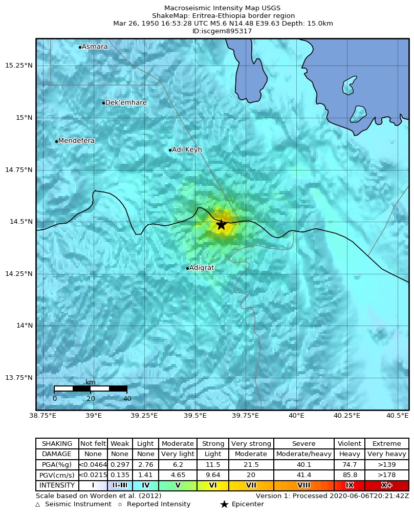 USGS ShakeMap: estimated shaking intensity around the epicenter