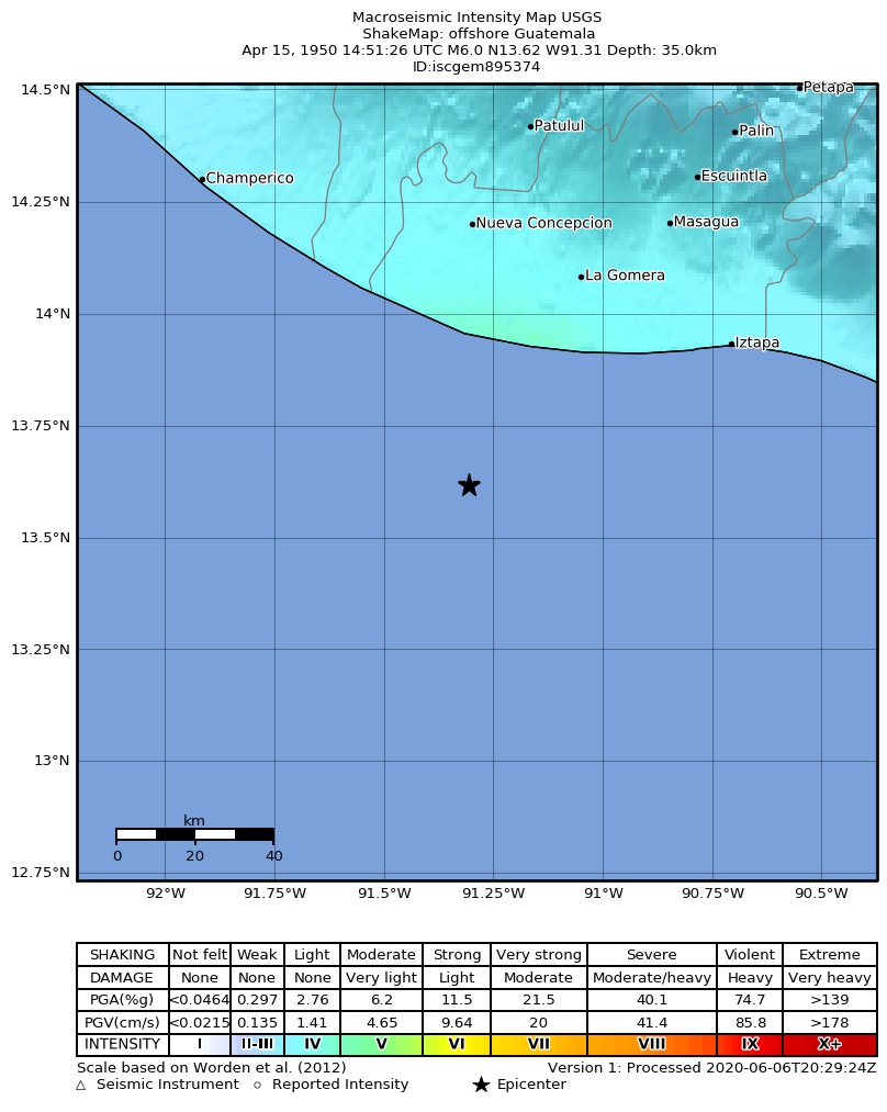 USGS ShakeMap: estimated shaking intensity around the epicenter