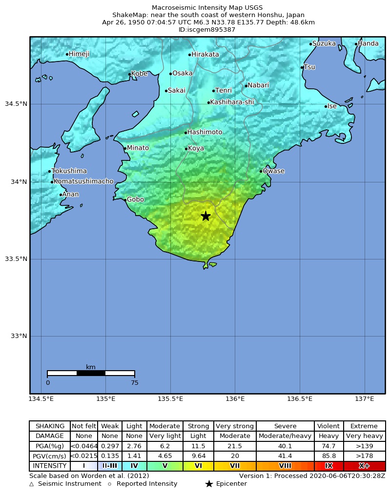 USGS ShakeMap: estimated shaking intensity around the epicenter