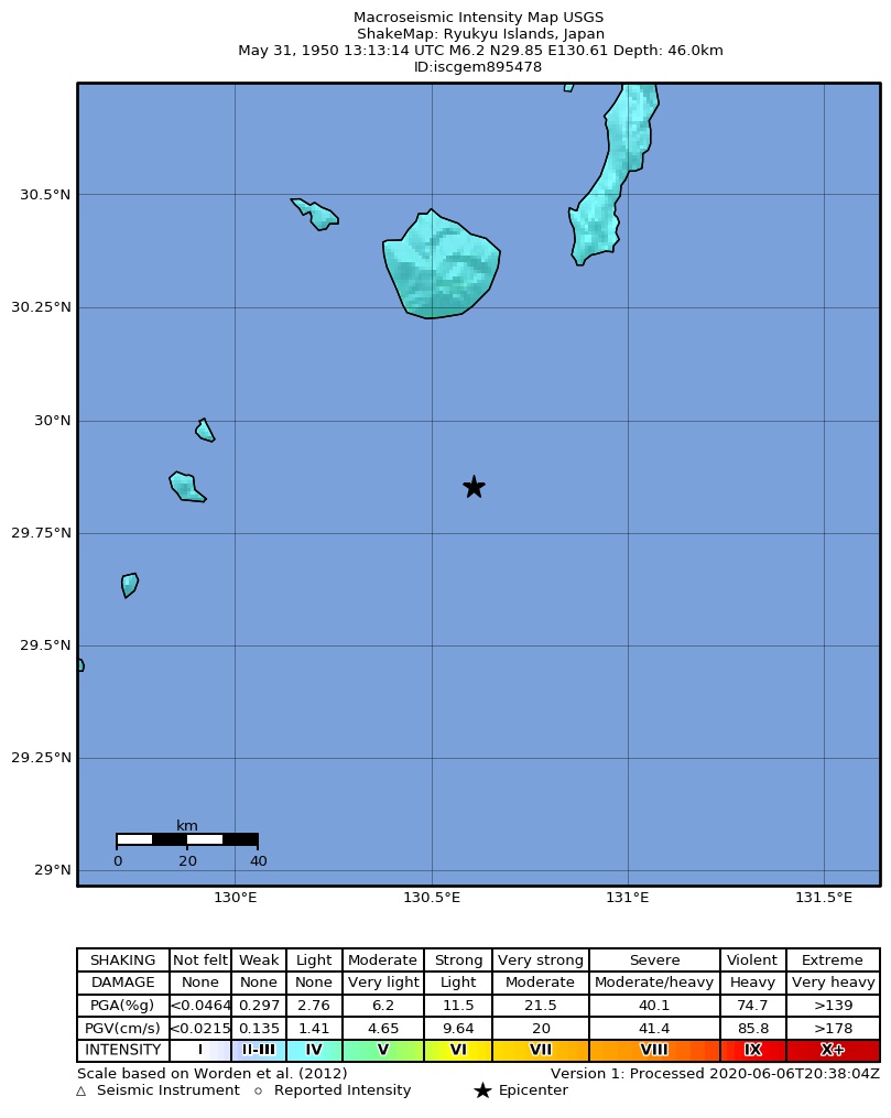 USGS ShakeMap: estimated shaking intensity around the epicenter