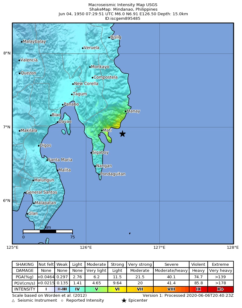 USGS ShakeMap: estimated shaking intensity around the epicenter
