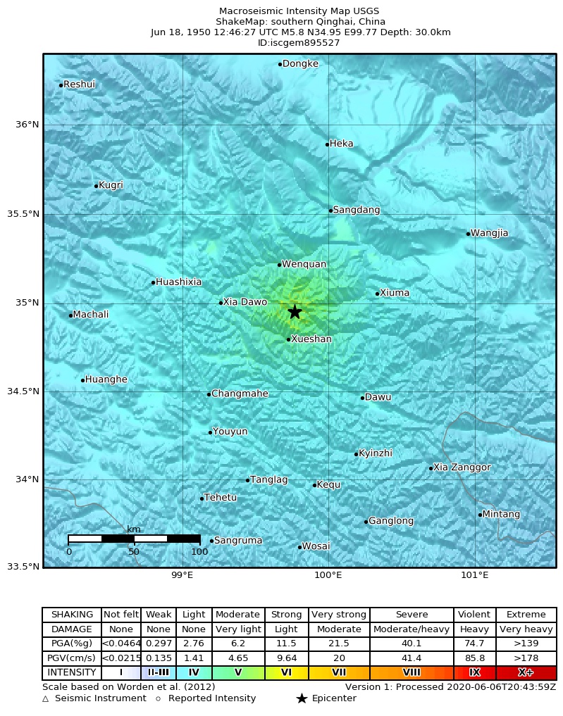 USGS ShakeMap: estimated shaking intensity around the epicenter