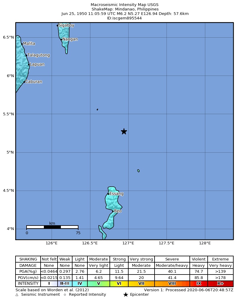 USGS ShakeMap: estimated shaking intensity around the epicenter
