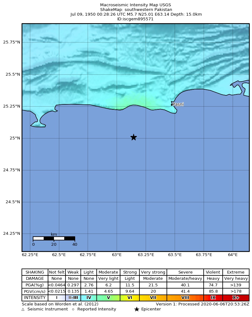USGS ShakeMap: estimated shaking intensity around the epicenter