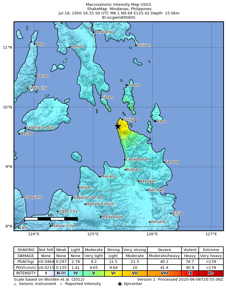 USGS ShakeMap: estimated shaking intensity around the epicenter