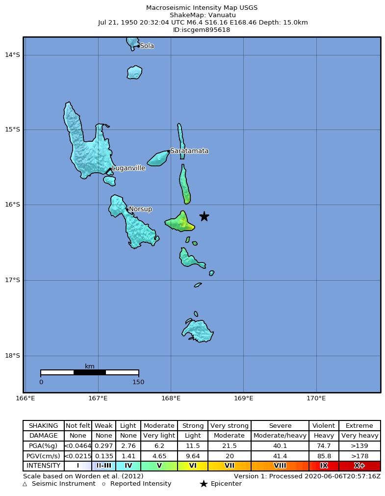 USGS ShakeMap: estimated shaking intensity around the epicenter