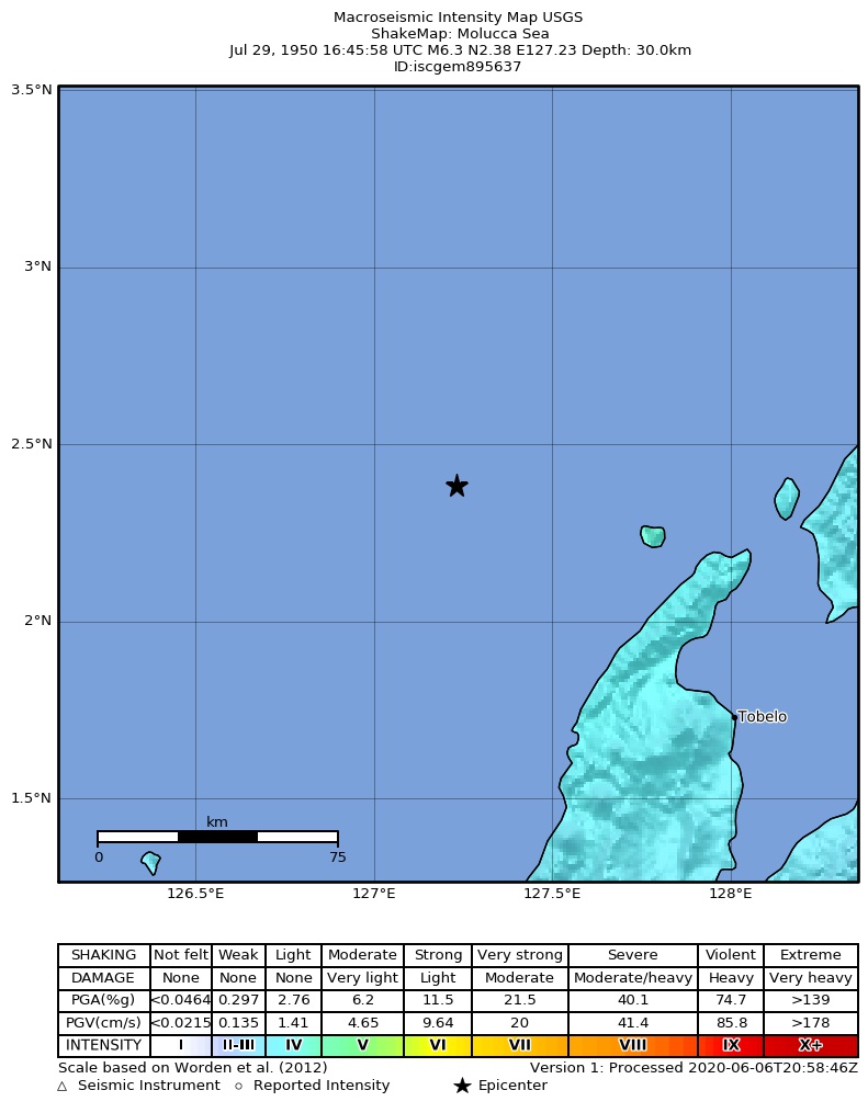 USGS ShakeMap: estimated shaking intensity around the epicenter