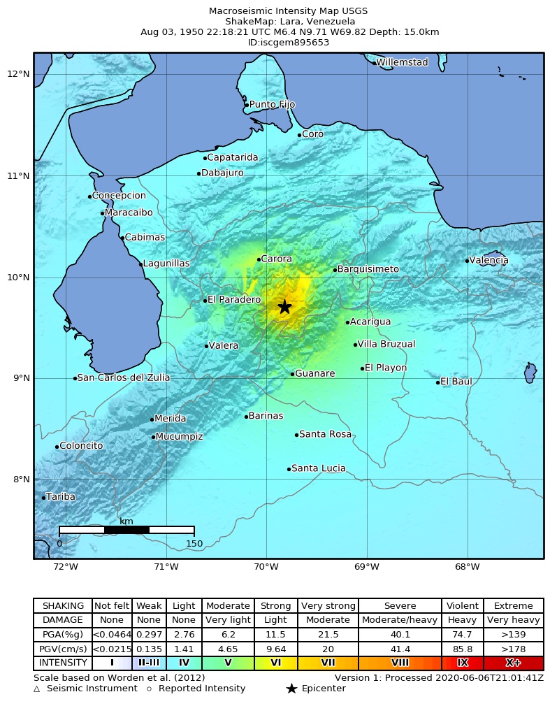 USGS ShakeMap: estimated shaking intensity around the epicenter