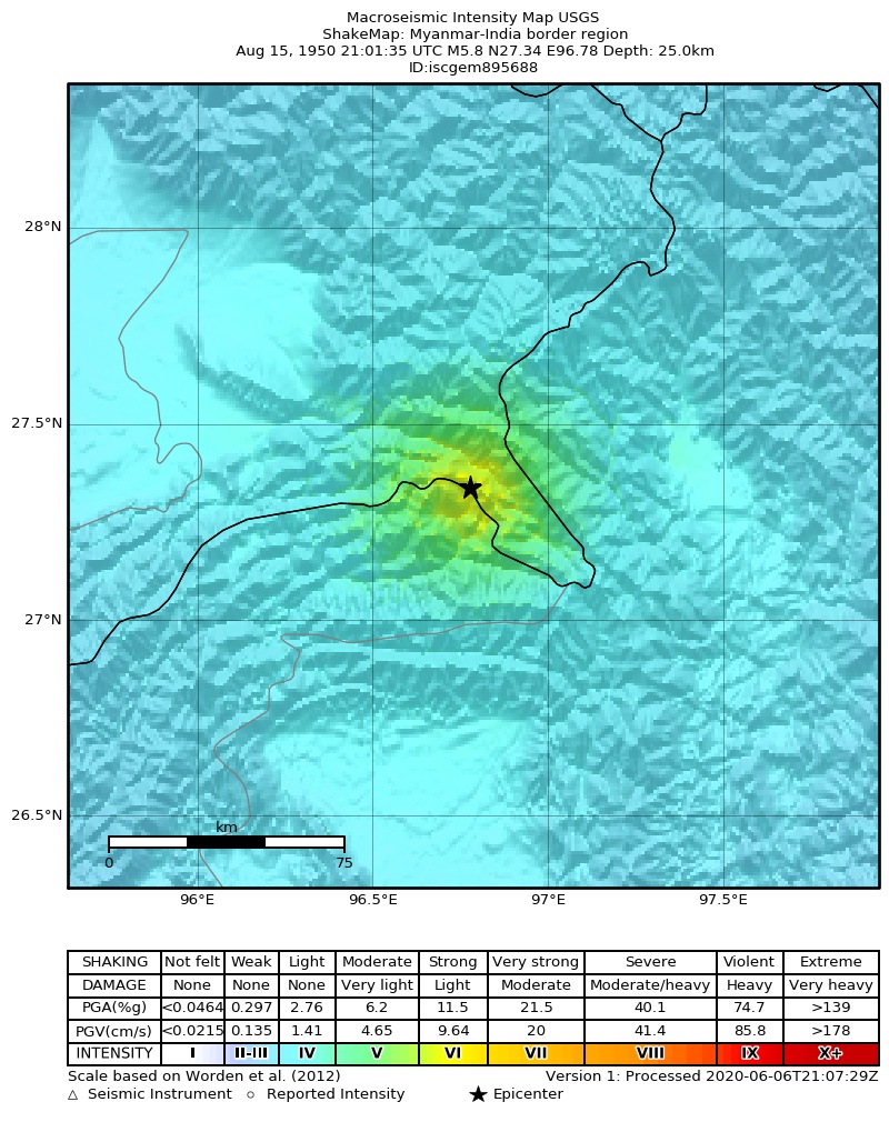 USGS ShakeMap: estimated shaking intensity around the epicenter