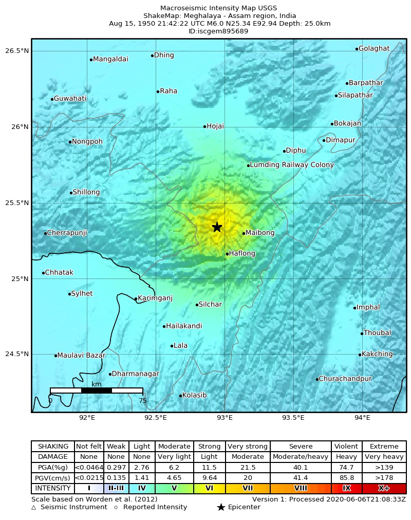 USGS ShakeMap: estimated shaking intensity around the epicenter