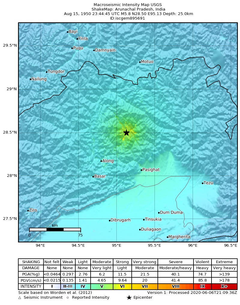 USGS ShakeMap: estimated shaking intensity around the epicenter