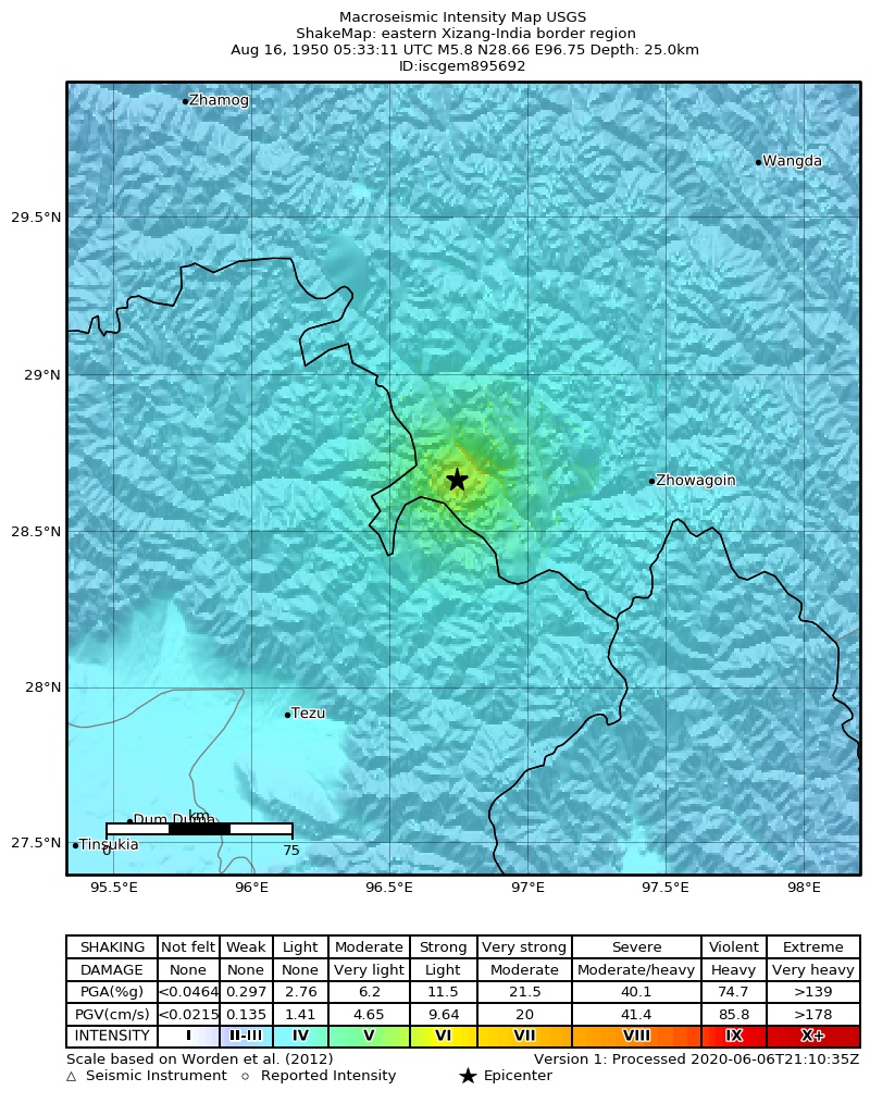 USGS ShakeMap: estimated shaking intensity around the epicenter