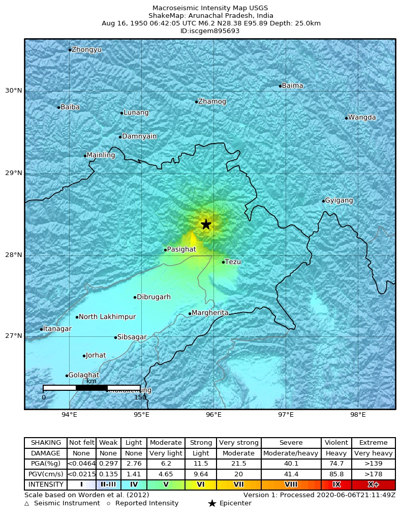 USGS ShakeMap: estimated shaking intensity around the epicenter