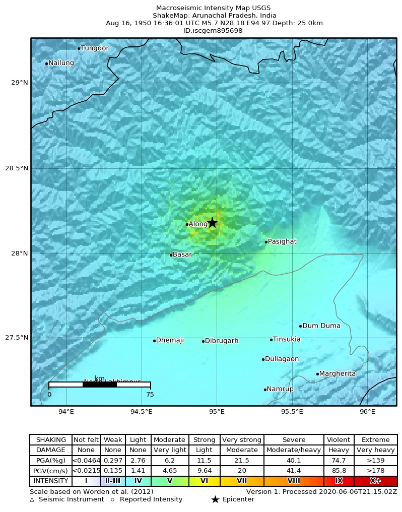 USGS ShakeMap: estimated shaking intensity around the epicenter