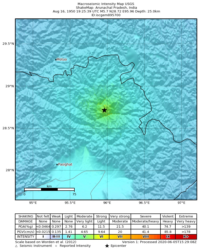 USGS ShakeMap: estimated shaking intensity around the epicenter