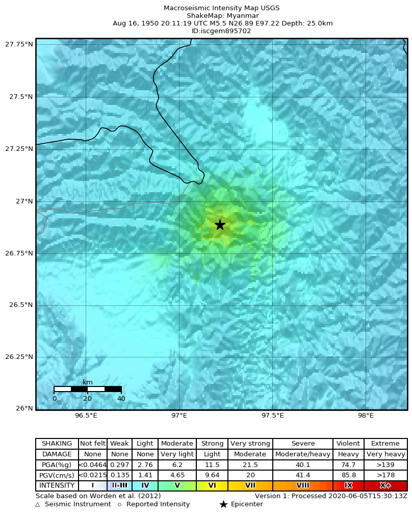 USGS ShakeMap: estimated shaking intensity around the epicenter