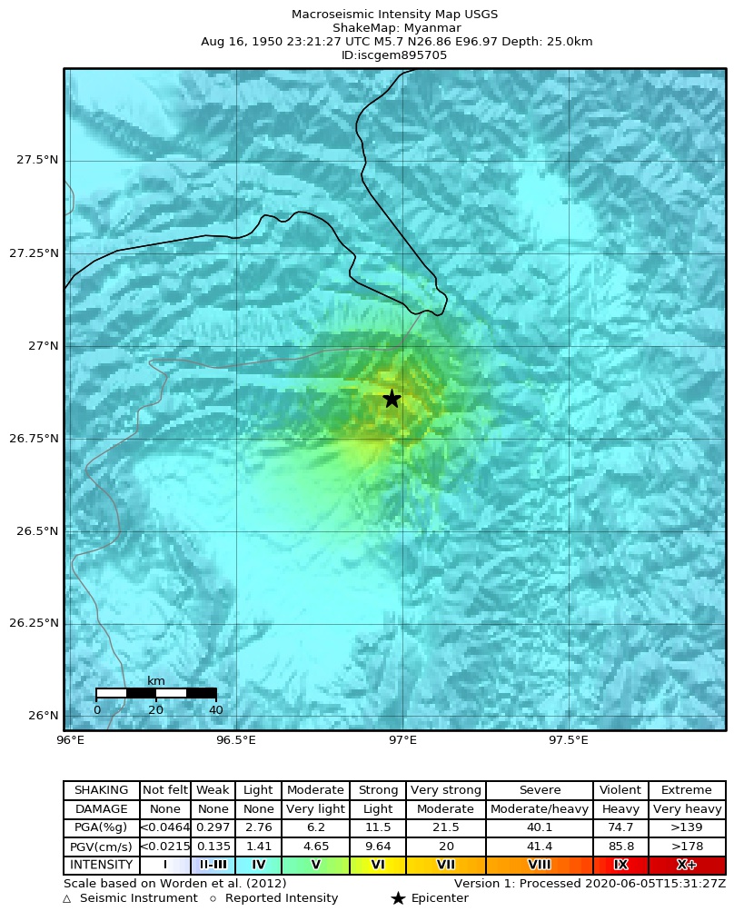 USGS ShakeMap: estimated shaking intensity around the epicenter