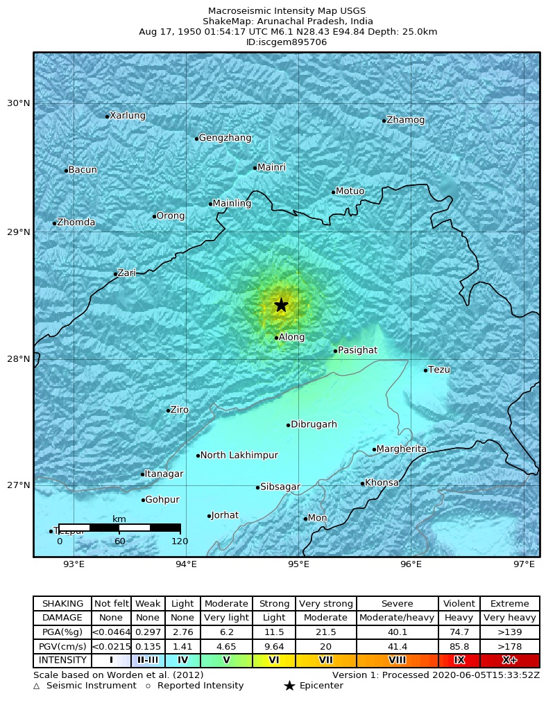 USGS ShakeMap: estimated shaking intensity around the epicenter