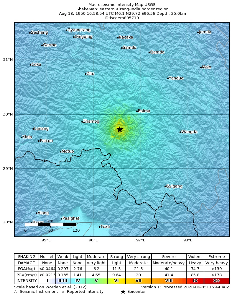 USGS ShakeMap: estimated shaking intensity around the epicenter