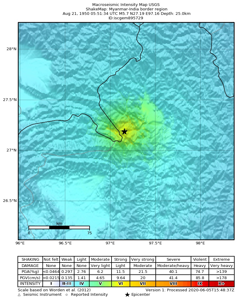 USGS ShakeMap: estimated shaking intensity around the epicenter