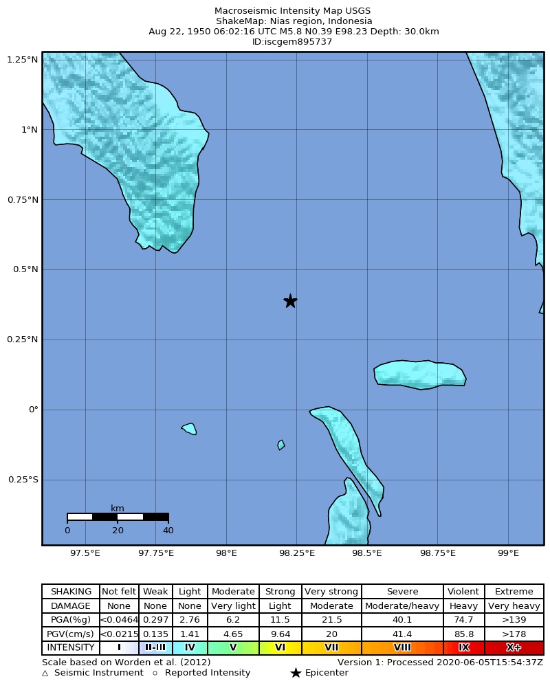 USGS ShakeMap: estimated shaking intensity around the epicenter