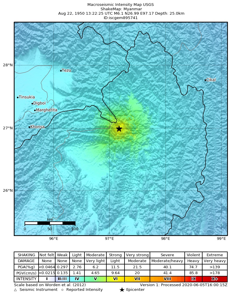USGS ShakeMap: estimated shaking intensity around the epicenter